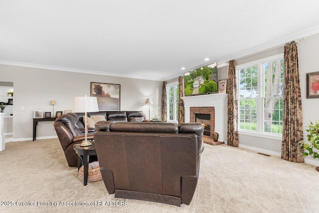 3537 Winborn Dr, Dewitt, MI 48820 - living area featuring ornamental molding, light colored carpet, and a brick fireplace