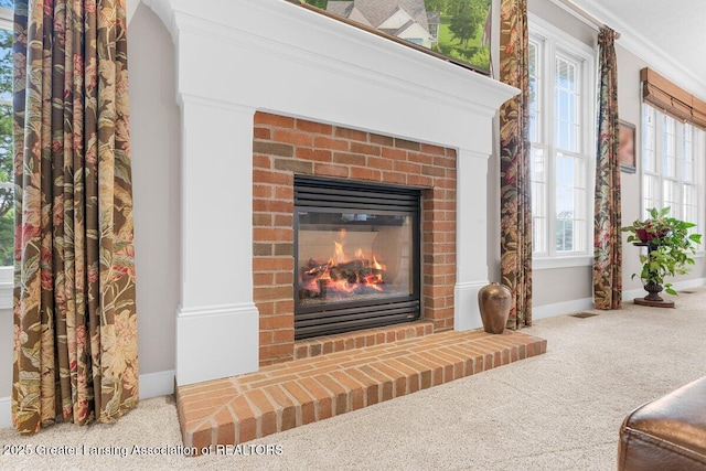 3537 Winborn Dr, Dewitt, MI 48820 - detailed view of carpet flooring, a fireplace, and ornamental molding