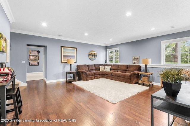 3537 Winborn Dr, Dewitt, MI 48820 - living area with crown molding, wood finished floors, and recessed lighting