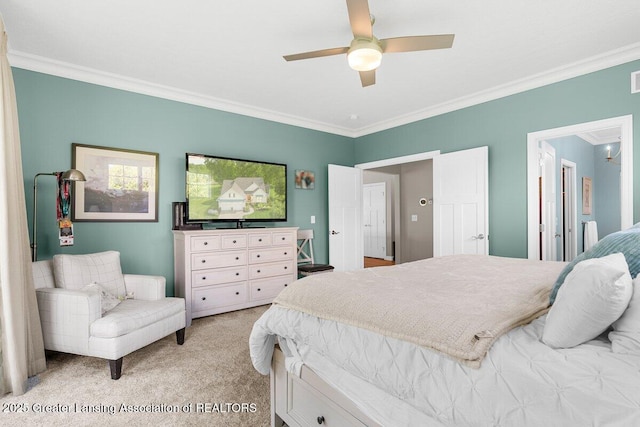 3537 Winborn Dr, Dewitt, MI 48820 - bedroom with ornamental molding, light carpet, and ceiling fan