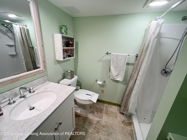 6716 Bunker Hill Dr, Lansing, MI 48906 - bathroom with vanity, curtained shower, and stone finish floors