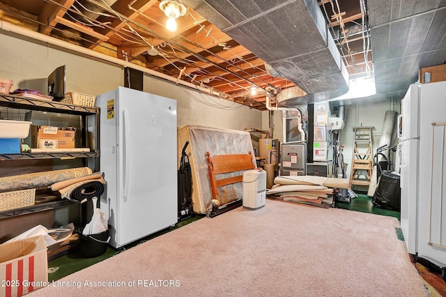 6716 Bunker Hill Dr, Lansing, MI 48906 - unfinished below grade area with freestanding refrigerator, carpet floors, and water heater