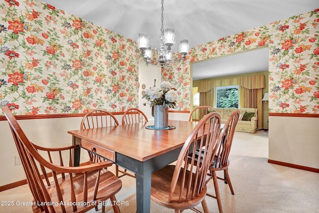 6716 Bunker Hill Dr, Lansing, MI 48906 - dining room with wallpapered walls, a chandelier, and carpet flooring