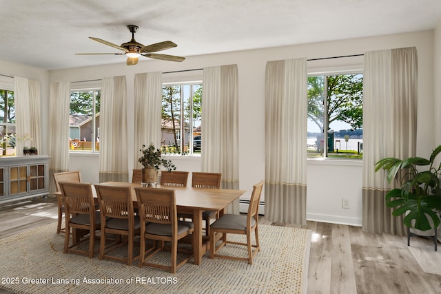1337 Shepard St, Crystal, MI 48818 - dining room featuring a baseboard heating unit, a ceiling fan, and wood finished floors