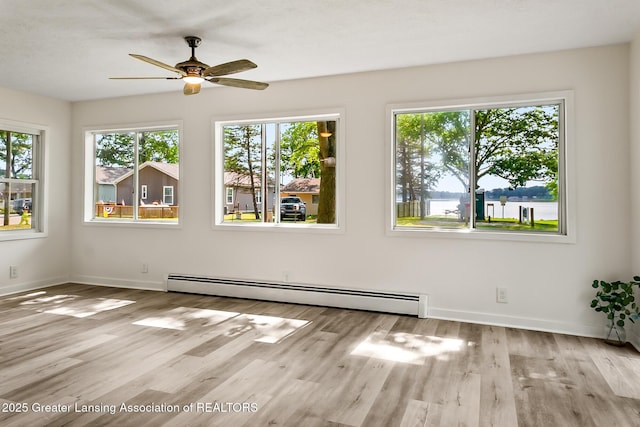 1337 Shepard St, Crystal, MI 48818 - unfurnished room with a baseboard heating unit, a ceiling fan, and wood finished floors