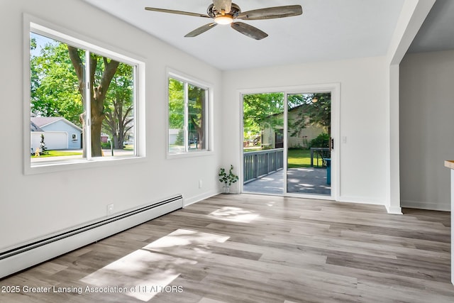 1337 Shepard St, Crystal, MI 48818 - unfurnished room with a baseboard radiator, a ceiling fan, and wood finished floors