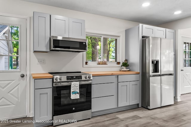 1337 Shepard St, Crystal, MI 48818 - kitchen featuring appliances with stainless steel finishes, butcher block counters, gray cabinetry, and recessed lighting