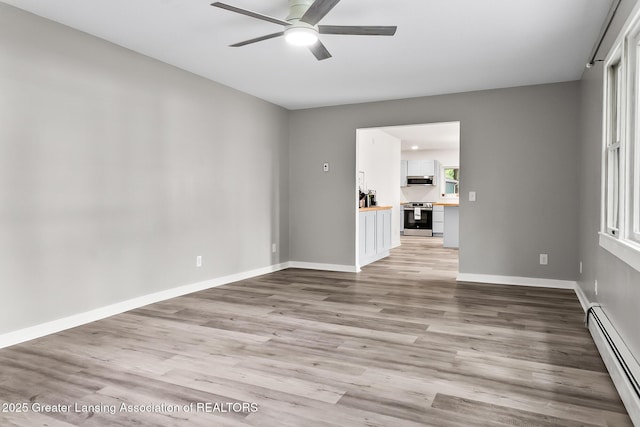 1337 Shepard St, Crystal, MI 48818 - spare room featuring baseboard heating, a ceiling fan, and light wood-style flooring