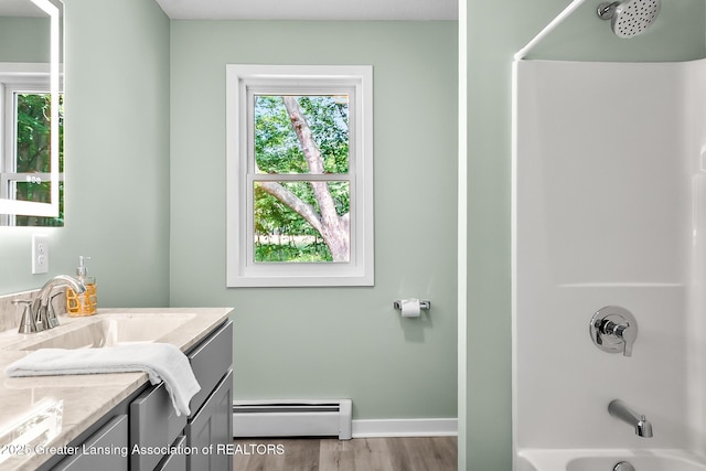 1337 Shepard St, Crystal, MI 48818 - full bathroom featuring baseboard heating, vanity, shower / washtub combination, and wood finished floors