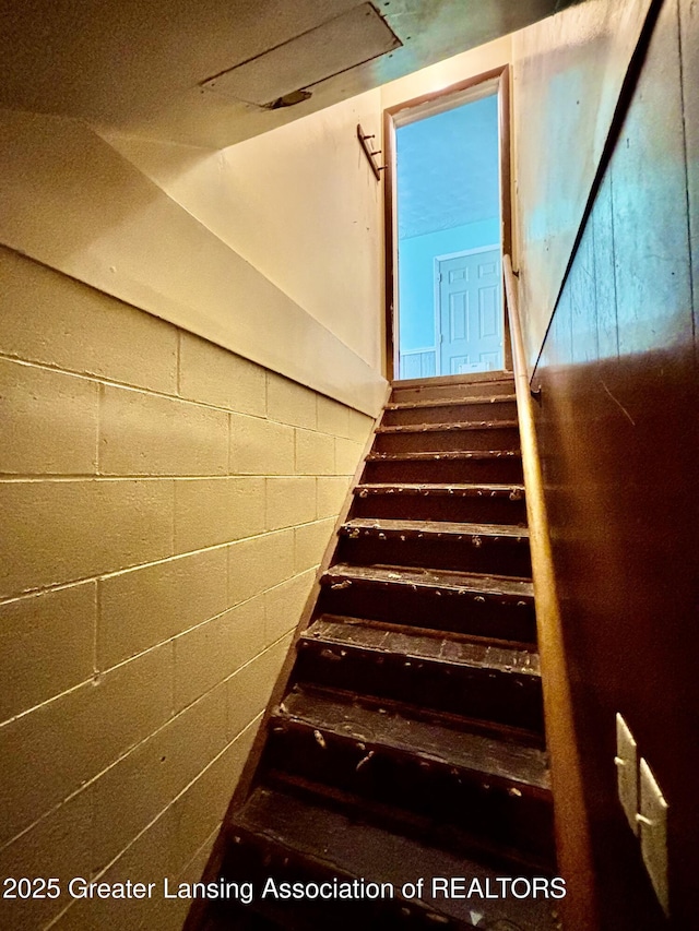 1214 Otto Rd Unit R1, Charlotte, MI 48813 - staircase featuring concrete block wall