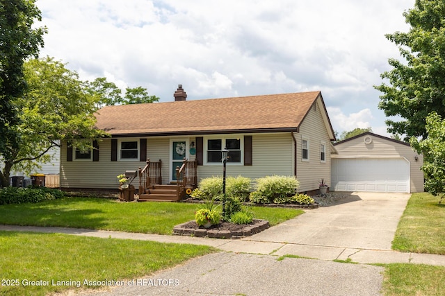 1220 Seymour St, Grand Ledge, MI 48837 - single story home featuring an outbuilding, a chimney, a front lawn, a shingled roof, and a garage