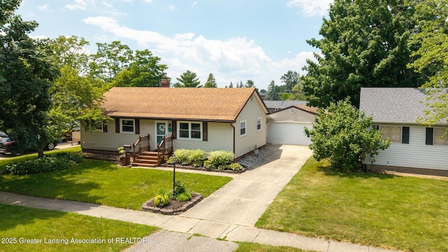 1220 Seymour St, Grand Ledge, MI 48837 - single story home featuring a chimney, a detached garage, an outbuilding, a front yard, and a shingled roof