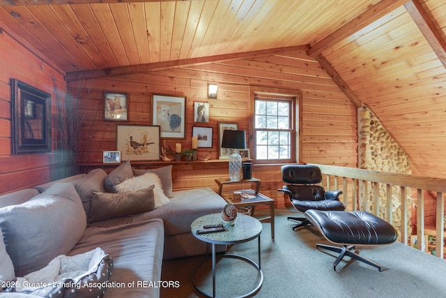 3536 N Royston Rd, Potterville, MI 48876 - living room with wooden walls, wooden ceiling, and carpet