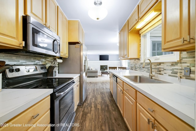 4629 Grandwoods Dr, Lansing, MI 48917 - kitchen with appliances with stainless steel finishes, tasteful backsplash, dark wood-style floors, and light brown cabinets