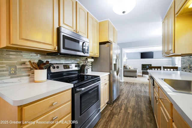 4629 Grandwoods Dr, Lansing, MI 48917 - kitchen featuring appliances with stainless steel finishes, light brown cabinets, dark wood finished floors, and backsplash