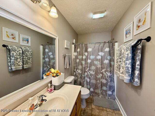310 Brittany Ln, Mulliken, MI 48861 - full bathroom with a textured ceiling, vanity, and a shower with curtain