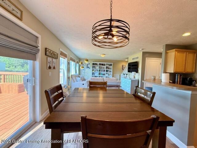 310 Brittany Ln, Mulliken, MI 48861 - dining room featuring a chandelier, a textured ceiling, wood finished floors, and recessed lighting