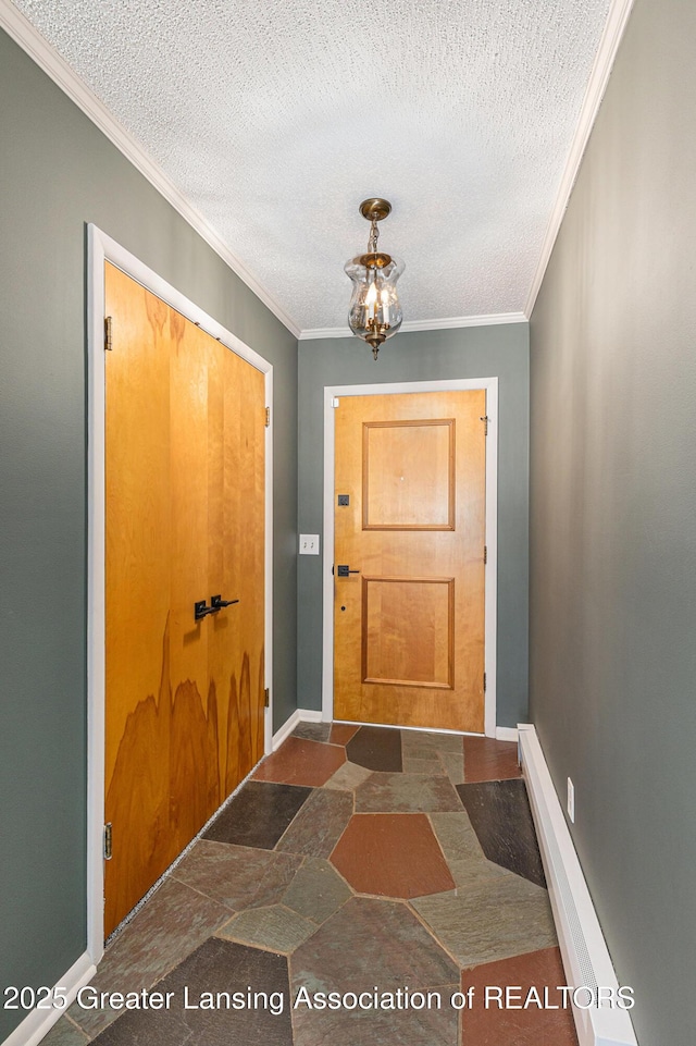 608 Belknap St, Grand Ledge, MI 48837 - doorway to outside with stone finish floors, a textured ceiling, crown molding, and a chandelier