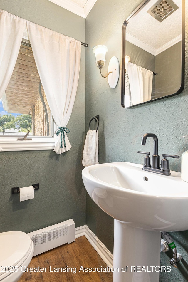 608 Belknap St, Grand Ledge, MI 48837 - bathroom with a baseboard heating unit, wood finished floors, and crown molding