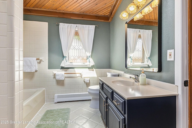 608 Belknap St, Grand Ledge, MI 48837 - full bath featuring tile patterned flooring, a baseboard heating unit, wood ceiling, tile walls, and vanity