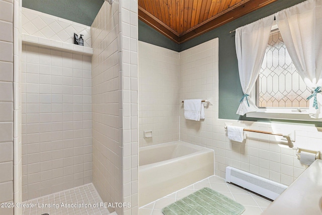 608 Belknap St, Grand Ledge, MI 48837 - bathroom with wood ceiling, tile walls, a bathtub, tile patterned flooring, and a shower
