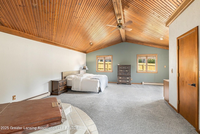 608 Belknap St, Grand Ledge, MI 48837 - bedroom with wood ceiling, a baseboard radiator, lofted ceiling, baseboard heating, and carpet