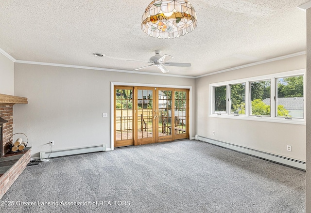 608 Belknap St, Grand Ledge, MI 48837 - unfurnished living room featuring a baseboard radiator, ceiling fan, ornamental molding, carpet, and a brick fireplace