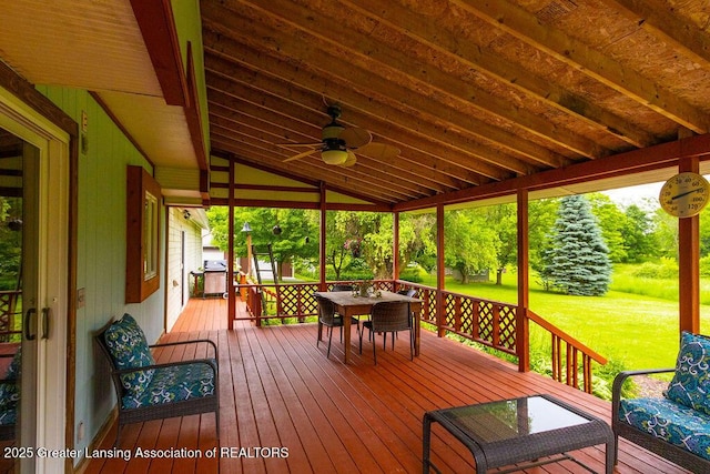 3536 Burkley Rd, Williamston, MI 48895 - wooden terrace with a ceiling fan, outdoor dining space, a lawn, and a grill