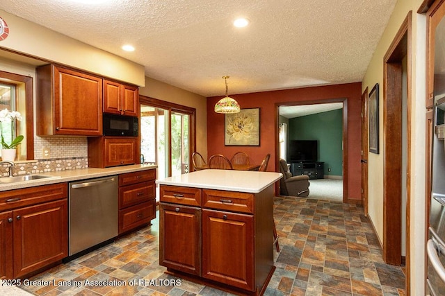 3536 Burkley Rd, Williamston, MI 48895 - kitchen with dishwasher, black microwave, a textured ceiling, dark stone finish floors, and decorative backsplash