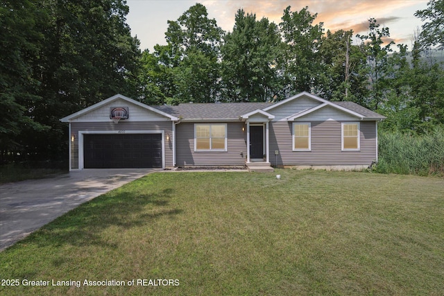 4930 N Campers Trl, Perrinton, MI 48871 - single story home featuring concrete driveway, a garage, a front lawn, and a shingled roof