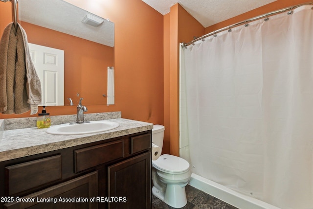 4930 N Campers Trl, Perrinton, MI 48871 - full bathroom featuring a textured ceiling, vanity, and a shower with shower curtain