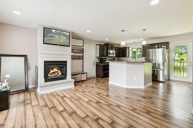 4930 N Campers Trl, Perrinton, MI 48871 - kitchen with stainless steel appliances, recessed lighting, light wood-style flooring, a glass covered fireplace, and a kitchen island