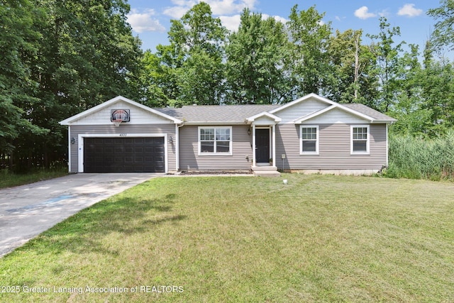 4930 N Campers Trl, Perrinton, MI 48871 - single story home featuring a garage, concrete driveway, a front yard, and a shingled roof