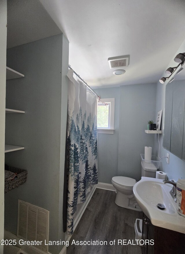 412 N Hickory St, Owosso, MI 48867 - bathroom featuring wood finished floors, vanity, and curtained shower