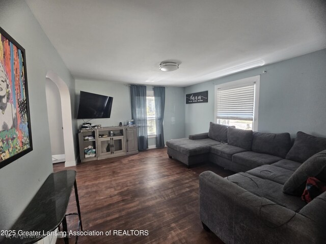 412 N Hickory St, Owosso, MI 48867 - living area featuring arched walkways and dark wood-style flooring
