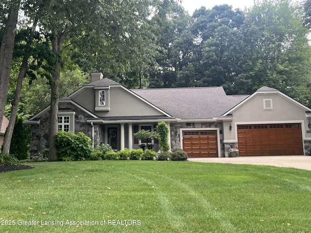 15316 Club Course Dr, Bath, MI 48808 - view of front of property with stone siding, stucco siding, and a garage