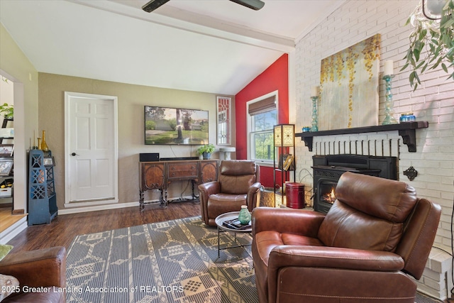 7050 E Eaton Hwy, Sunfield, MI 48890 - living area with wood finished floors, a brick fireplace, and brick wall