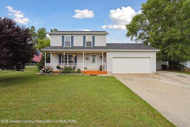 129 Elizabeth Way, Potterville, MI 48876 - traditional-style house featuring a garage, a porch, concrete driveway, and a front lawn