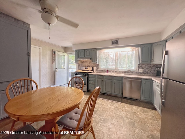 709 N Mead St, Saint Johns, MI 48879 - kitchen with appliances with stainless steel finishes, gray cabinets, a ceiling fan, and tasteful backsplash