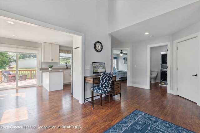 112 E Barber St, Ithaca, MI 48847 - kitchen featuring white cabinetry, wood finished floors, a ceiling fan, recessed lighting, and light countertops