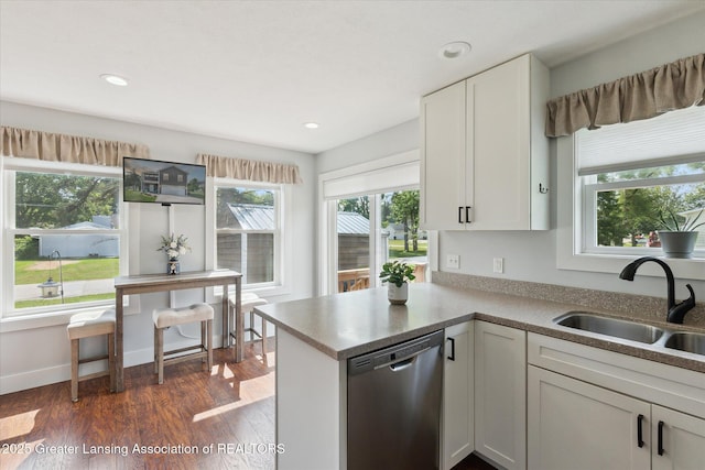 112 E Barber St, Ithaca, MI 48847 - kitchen featuring stainless steel dishwasher, dark wood-style flooring, white cabinets, recessed lighting, and a peninsula