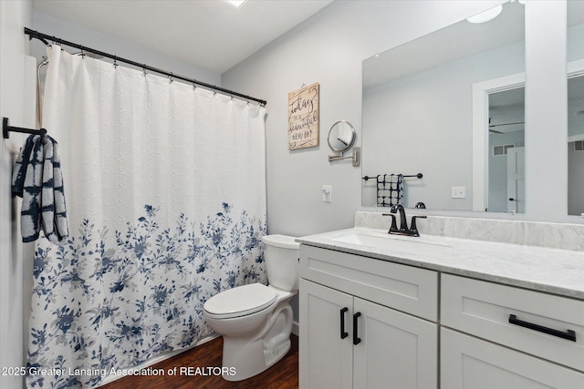 112 E Barber St, Ithaca, MI 48847 - full bathroom featuring wood finished floors, vanity, and a shower with shower curtain