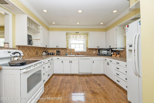 720 Linden St, East Lansing, MI 48823 - kitchen featuring white appliances, open shelves, white cabinetry, ornamental molding, and wood finished floors
