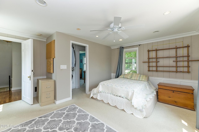 720 Linden St, East Lansing, MI 48823 - bedroom with ornamental molding, light carpet, recessed lighting, and a ceiling fan