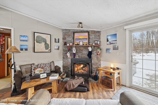 9428 S Wright Rd, Eagle, MI 48822 - living area featuring a textured ceiling, ornamental molding, wood finished floors, a fireplace, and wainscoting