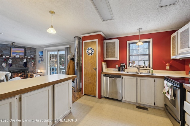 9428 S Wright Rd, Eagle, MI 48822 - kitchen featuring stainless steel appliances, a fireplace, plenty of natural light, light countertops, and a textured ceiling