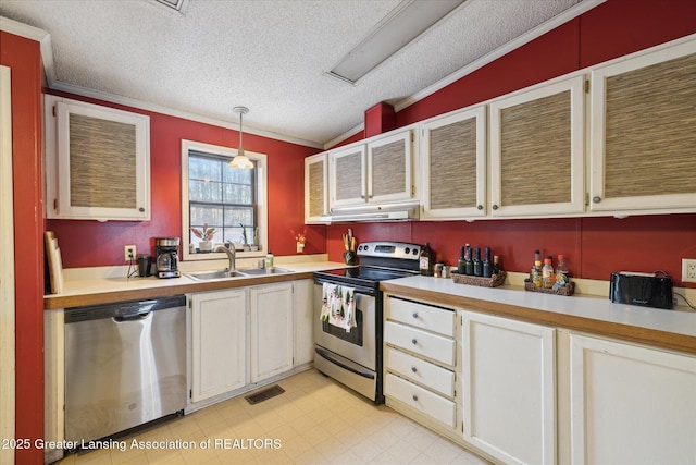 9428 S Wright Rd, Eagle, MI 48822 - kitchen with stainless steel appliances, crown molding, a textured ceiling, light countertops, and under cabinet range hood