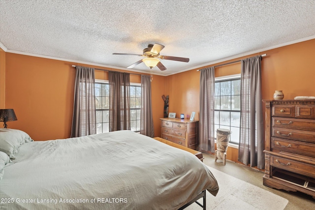 9428 S Wright Rd, Eagle, MI 48822 - bedroom with multiple windows, ornamental molding, a ceiling fan, and a textured ceiling