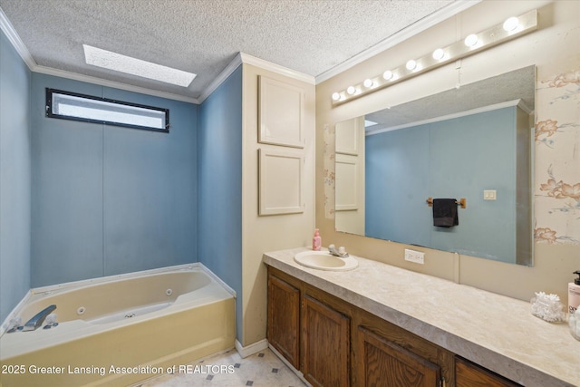 9428 S Wright Rd, Eagle, MI 48822 - full bath with crown molding, a jetted tub, vanity, a textured ceiling, and a skylight