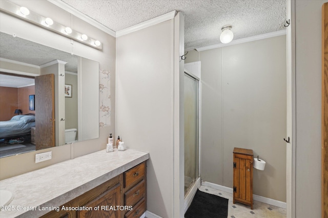 9428 S Wright Rd, Eagle, MI 48822 - bathroom featuring vanity, a shower stall, a textured ceiling, crown molding, and ensuite bathroom